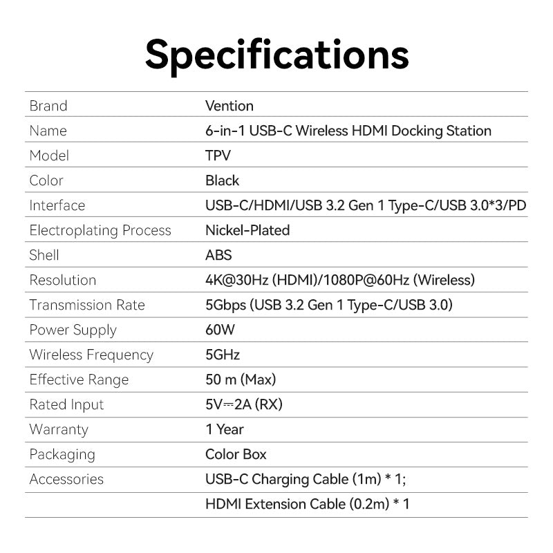 Vention 6-in-1 USB-C Wireless HDMI™ Docking Station