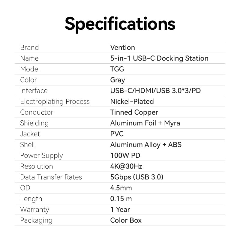 Vention USB-C to HDMI™/USB 3.0*3/PD Docking Station 0.15M Gray Aluminum Alloy Type