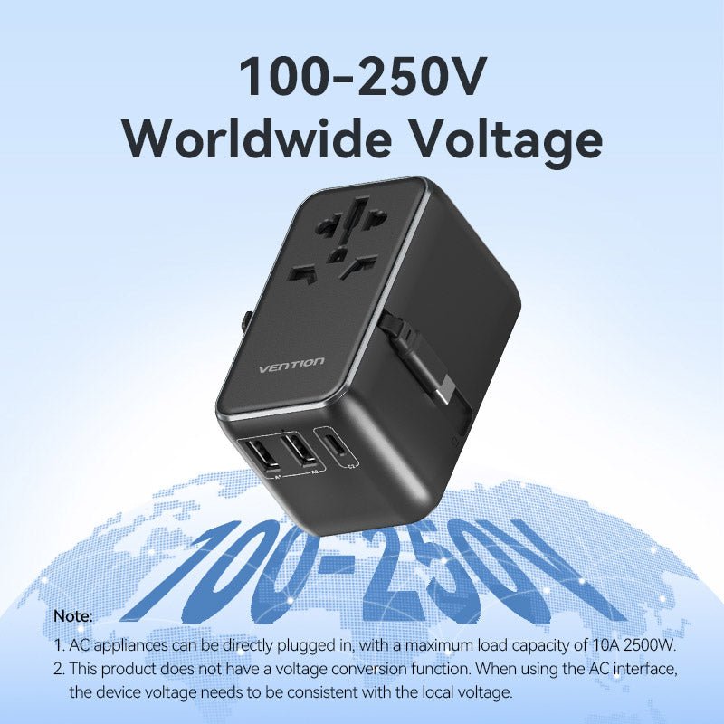 Vention 3-Port USB (C + A + A) GaN Universal Travel Adapter (65W/60W/5W) with Built-in USB-C Cable Black