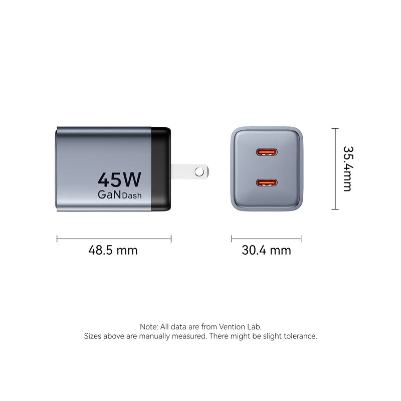 Vention 2-Port USB (C + C) GaN Charger (45W/45W) US-Plug Gray