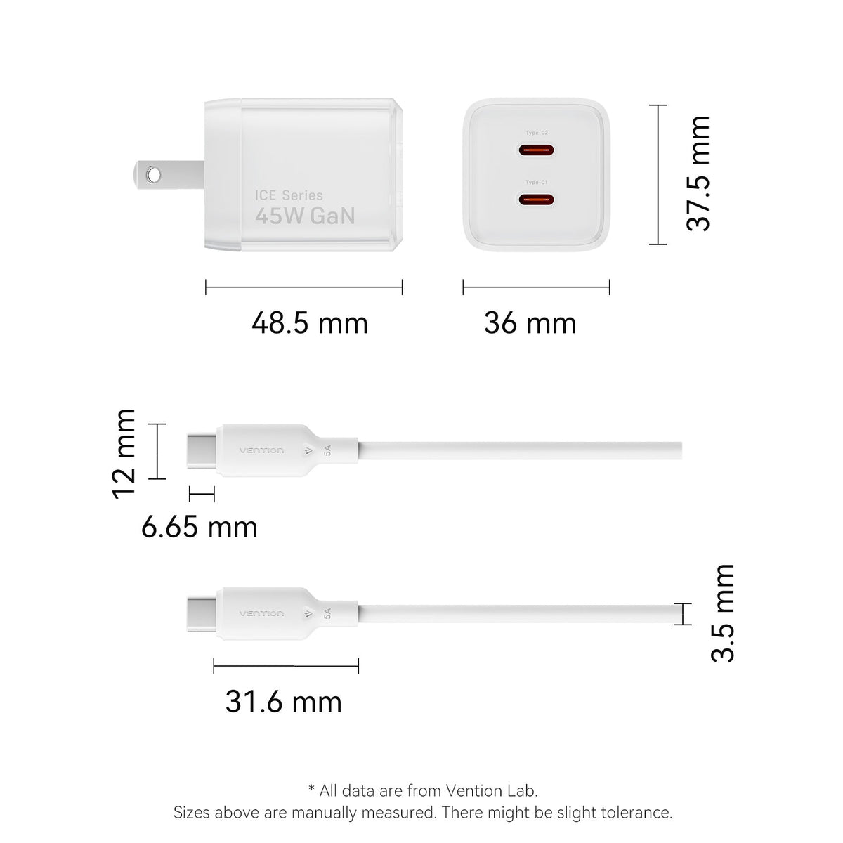 Vention 2-Port USB (C + C) GaN Charger (45W/45W) with 5A USB-C to USB-C Cable US-Plug Gray