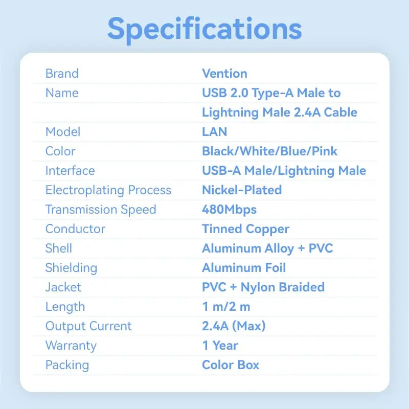 Vention USB 2.0 Type-A Male to Lightning Male 2.4A Cable Aluminum Alloy Type