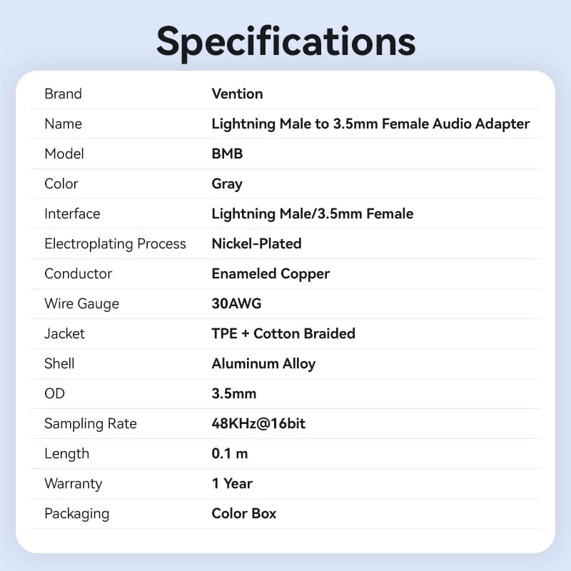 Vention Cotton Braided Lightning Male to 3.5MM Earphone Jack Adapter Aluminum Alloy Type