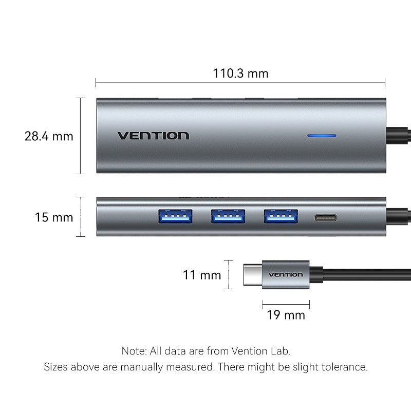 Vention USB-C to HDMI™/USB 3.0*3/PD Docking Station 0.15M Gray Aluminum Alloy Type