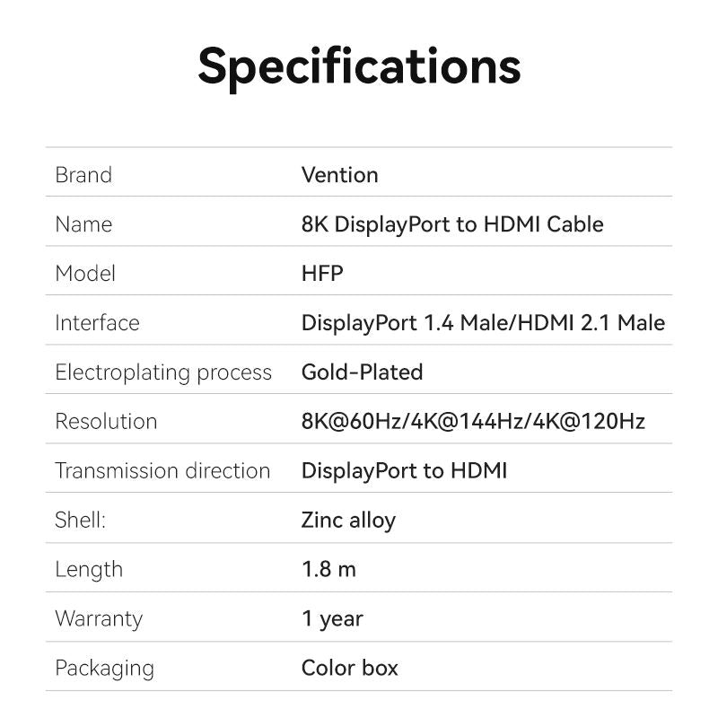 Vention Cotton Braided 8K DisplayPort Male to HDMI™ Male Cable 1.8M Black Zinc Alloy Type