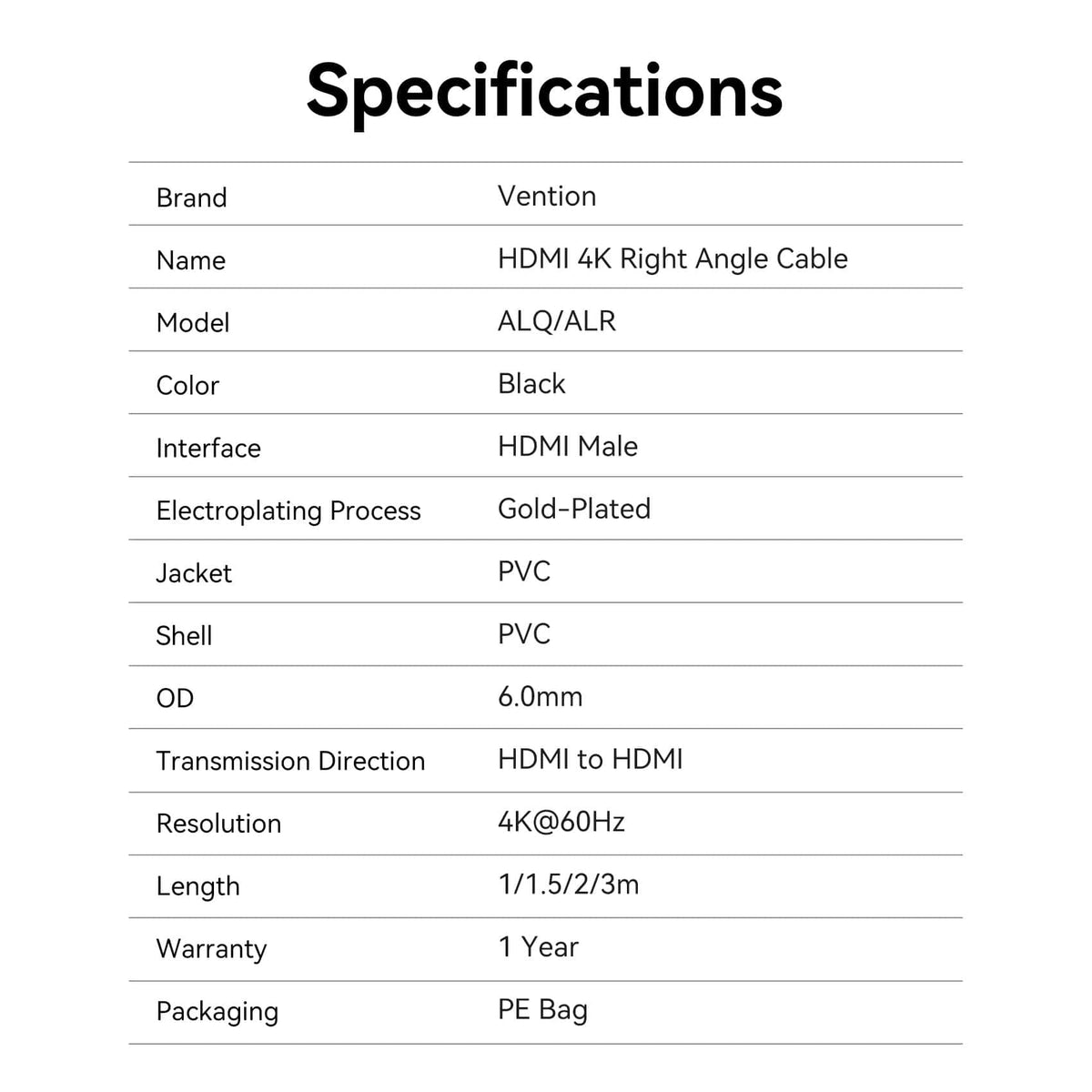 Vention HDMI™-A Male to Male 4K HD Right Angle Cable 90 Degree