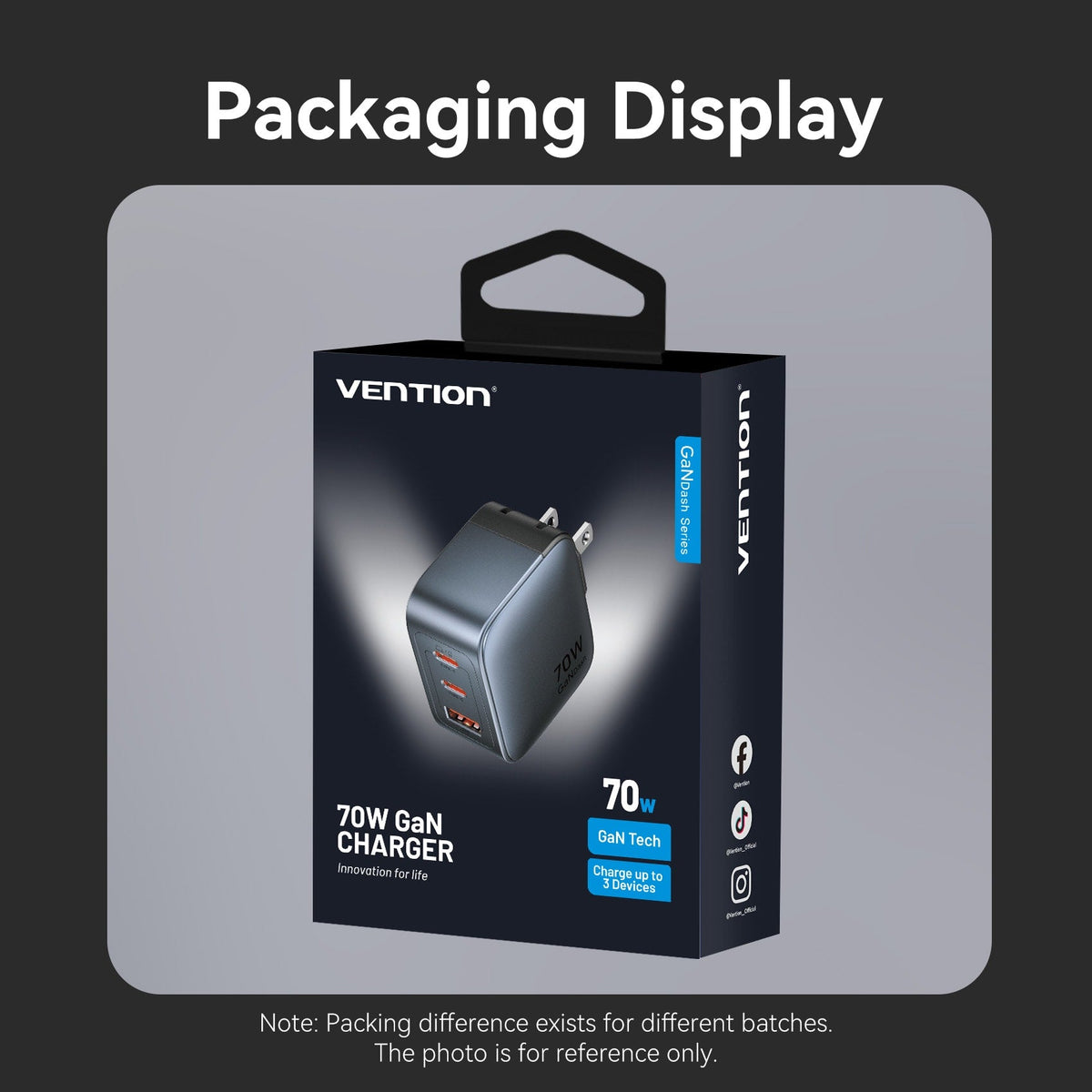 Vention 3-Port USB (C+C+A) GaN Charger (70W/70W/22.5W) US-Plug Gray