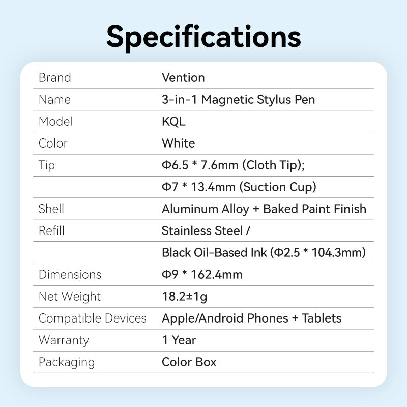 Vention 3-in-1 Magnetic Stylus Pen White Aluminum Alloy Type