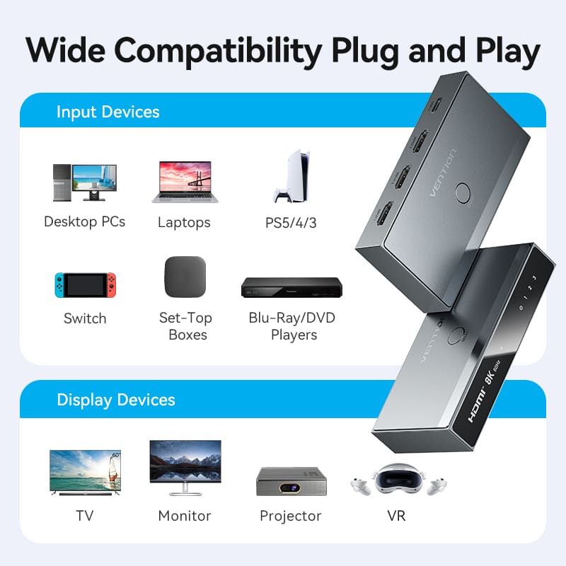 Vention 3 In 1 Out 8K HDMI™ Switcher Gray Aluminium Alloy Type