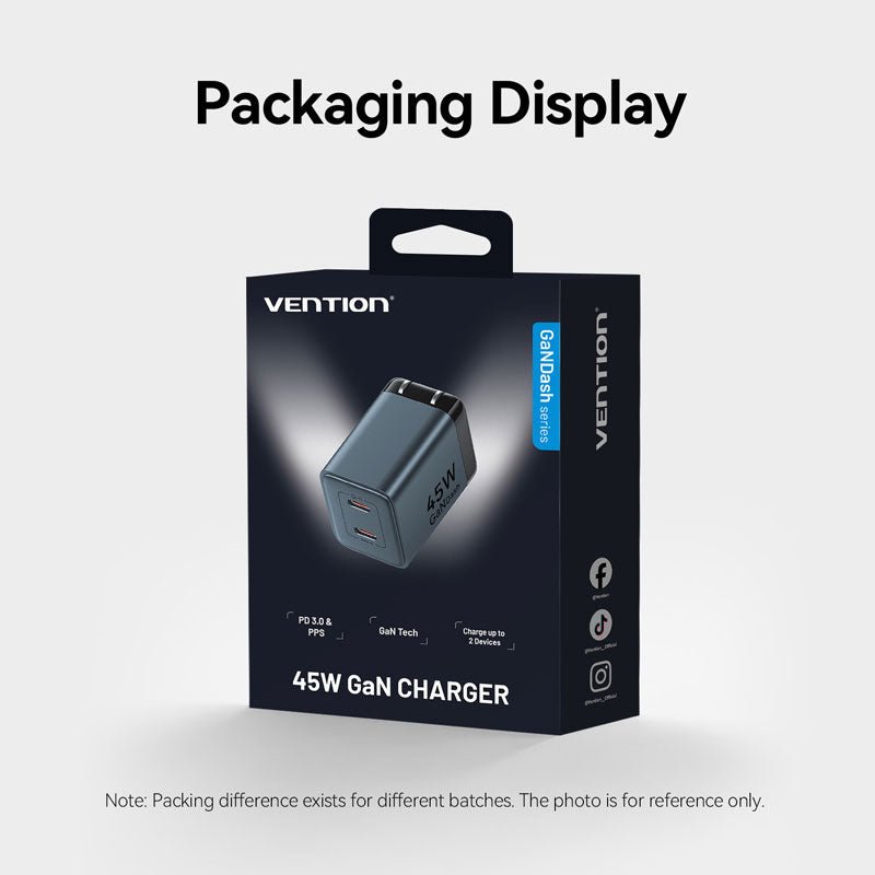 Vention 2-Port USB (C + C) GaN Charger (45W/45W) US-Plug Gray