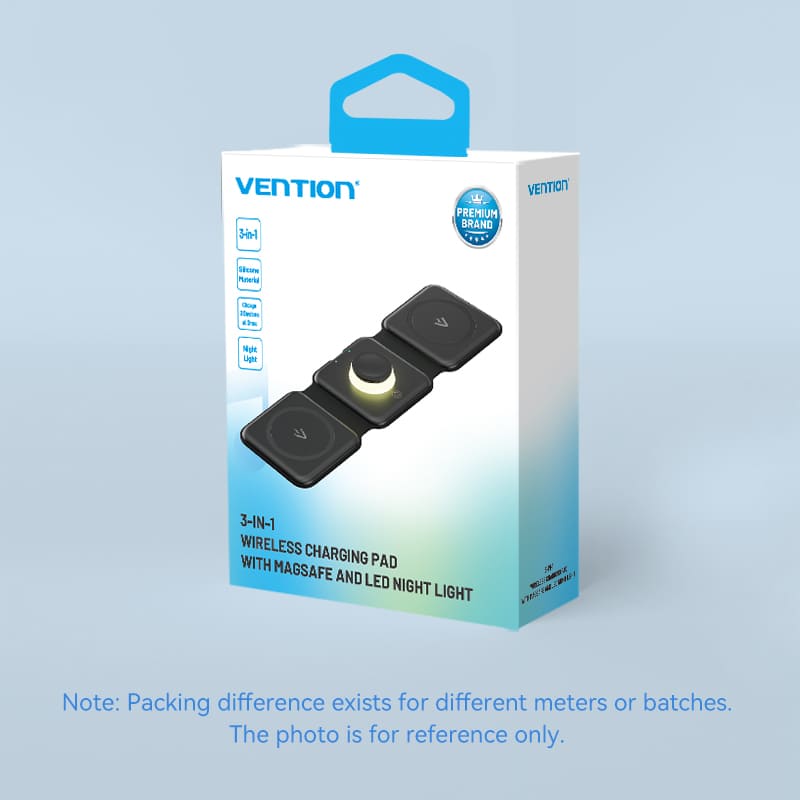 Vention 3-in-1 15W Wireless Charging Pad with MagSafe and LED Night Light Black