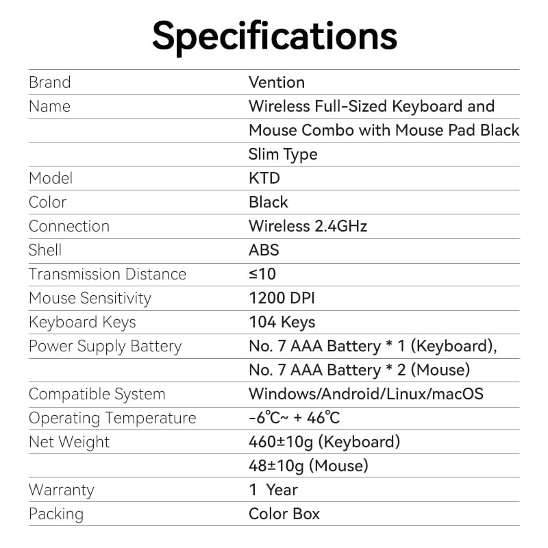 Vention Wireless Full-Sized Keyboard and Mouse Combo with Mouse Pad Black Slim Type - US English Layout