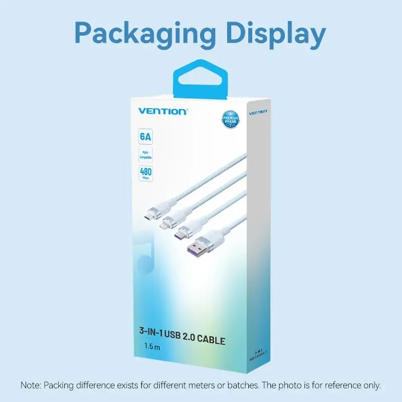 Vention USB 2.0 A Male to 3-in-1 USB-C & Lightning & Micro-B Male 6A Cable Aluminum Alloy Type