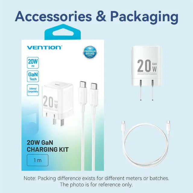 Vention 1-Port USB-C GaN Charger (20W) with USB-C to USB-C Cable (1M) US Plug