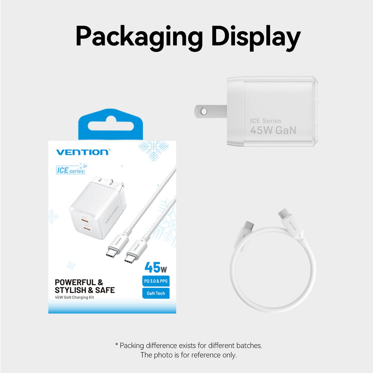 Vention 2-Port USB (C + C) GaN Charger (45W/45W) with 5A USB-C to USB-C Cable US-Plug Gray