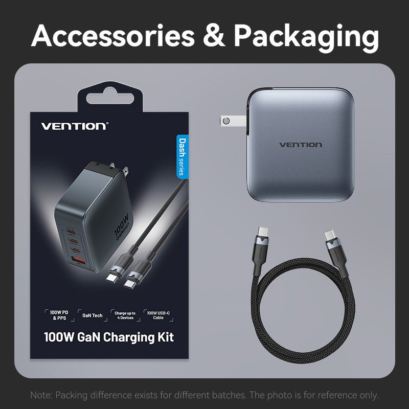 Vention 4-Port USB (C + C + C + A) GaN Charger (100W/100W/30W/30W) Gray with USB-C to USB-C Cable (1M) Black US-Plug