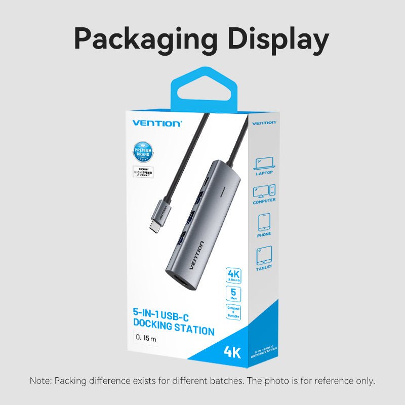 Vention USB-C to HDMI™/USB 3.0*3/PD Docking Station 0.15M Gray Aluminum Alloy Type