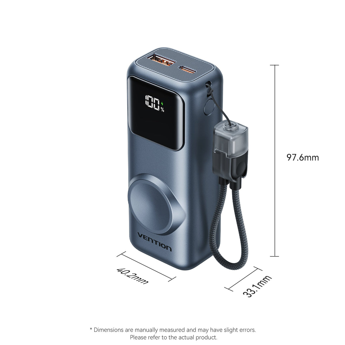 Vention Mini 10000mAh Power Bank (USB-C + USB-A) with Built-in USB-C Cable and Apple Watch Charging Area 22.5W Gray LED Display Type