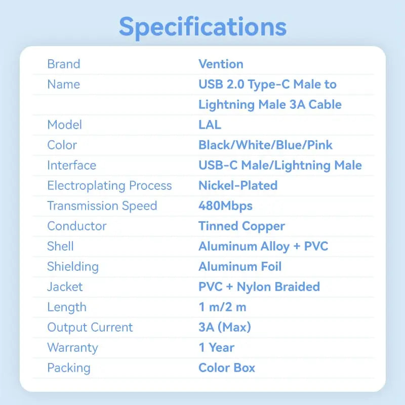 Vention USB 2.0 Type-C Male to Lightning Male 3A Cable Aluminum Alloy Type
