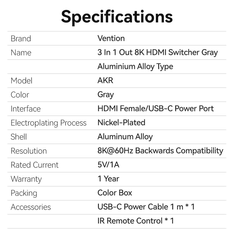 Vention 3 In 1 Out 8K HDMI™ Switcher Gray Aluminium Alloy Type