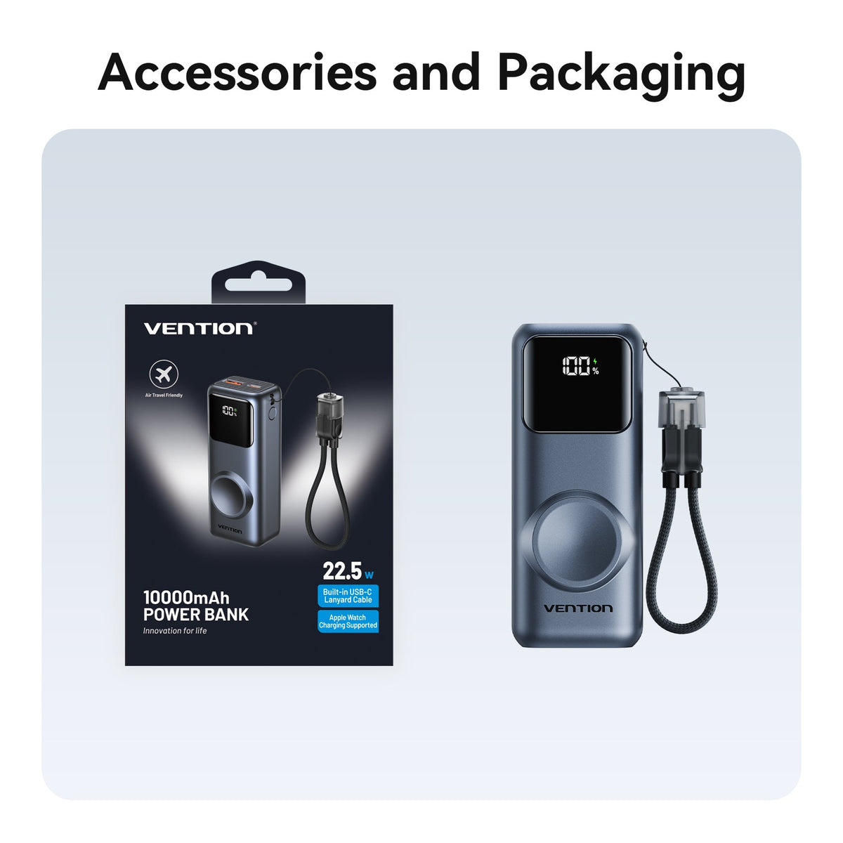 Vention Mini 10000mAh Power Bank (USB-C + USB-A) with Built-in USB-C Cable and Apple Watch Charging Area 22.5W Gray LED Display Type