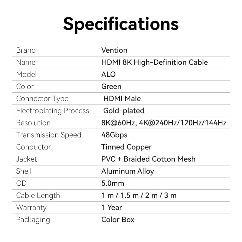 Vention Cotton Braided Ultra Thin HDMI™-A Male to Male HD Cable 8K Green Aluminum Alloy Type
