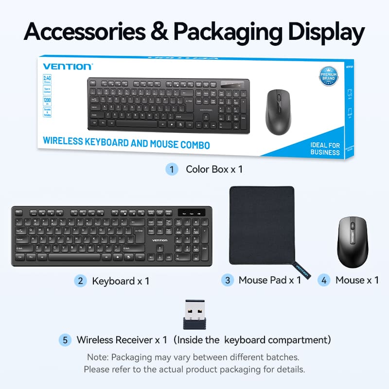 Vention Wireless Full-Sized Keyboard and Mouse Combo with Mouse Pad Black Slim Type - US English Layout