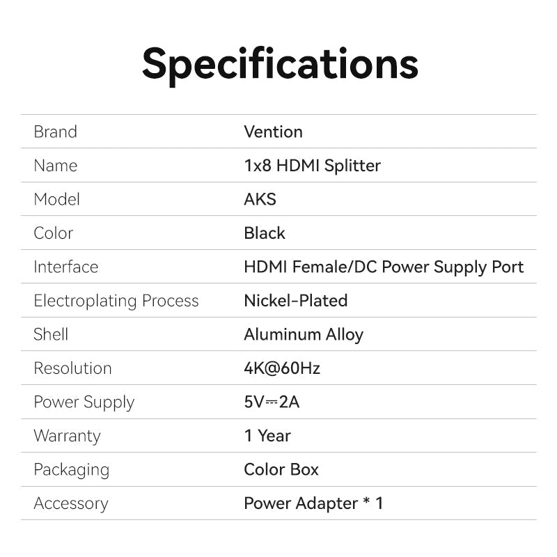 Vention 1-In & 8-Out HDMI™ Splitter 4K@60Hz Black Aluminum Alloy Type EU Standard