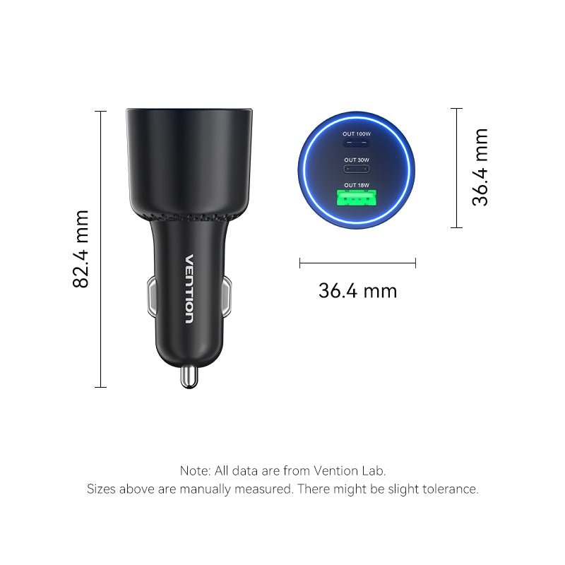 Vention Three-Port USB C+C+A (100W+30W+18W) Car Charger Black ABS Type