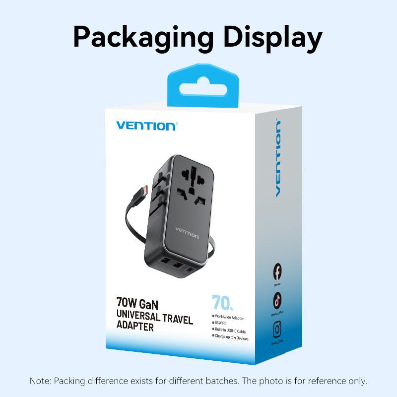 Vention 3-Port USB (C + A + A) GaN Universal Travel Adapter (65W/60W/5W) with Built-in USB-C Cable Black