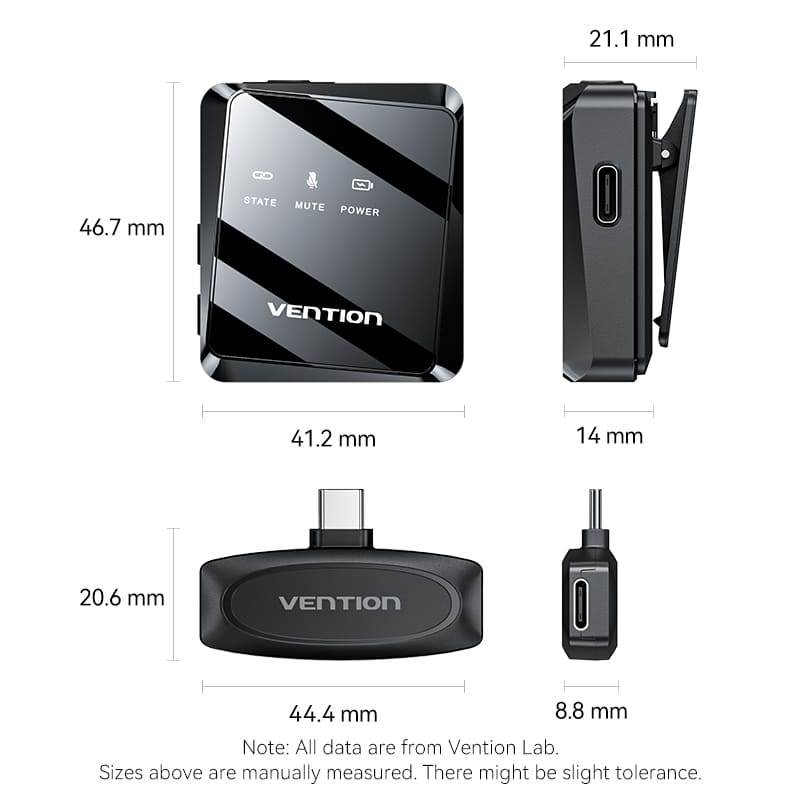Vention USB-C 2-Pack Wireless Lavalier Microphone Black Type
