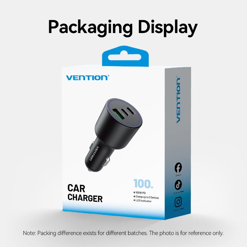 Vention Three-Port USB C+C+A (100W+30W+18W) Car Charger Black ABS Type