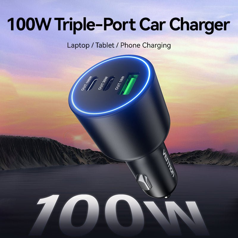 Vention Three-Port USB C+C+A (100W+30W+18W) Car Charger Black ABS Type