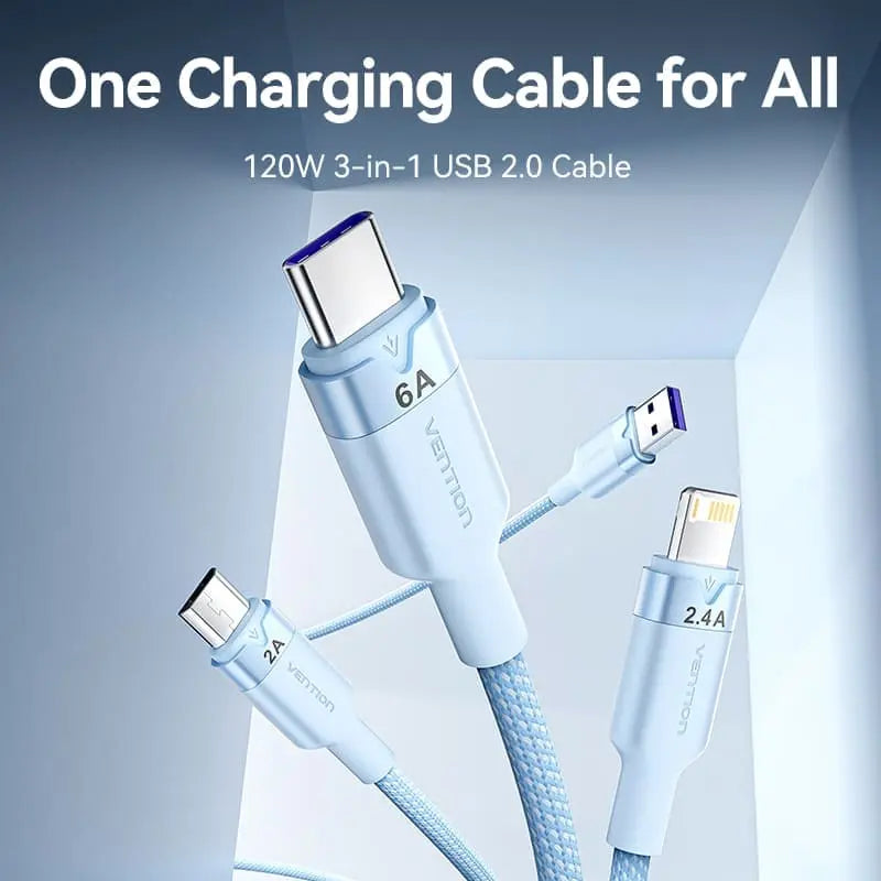 Vention USB 2.0 A Male to 3-in-1 USB-C & Lightning & Micro-B Male 6A Cable Aluminum Alloy Type
