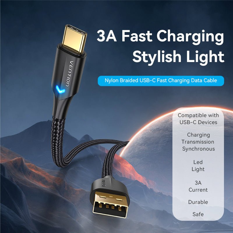 Vention Nylon Braided USB 2.0 A Male to C Male 3A Cable LED Type