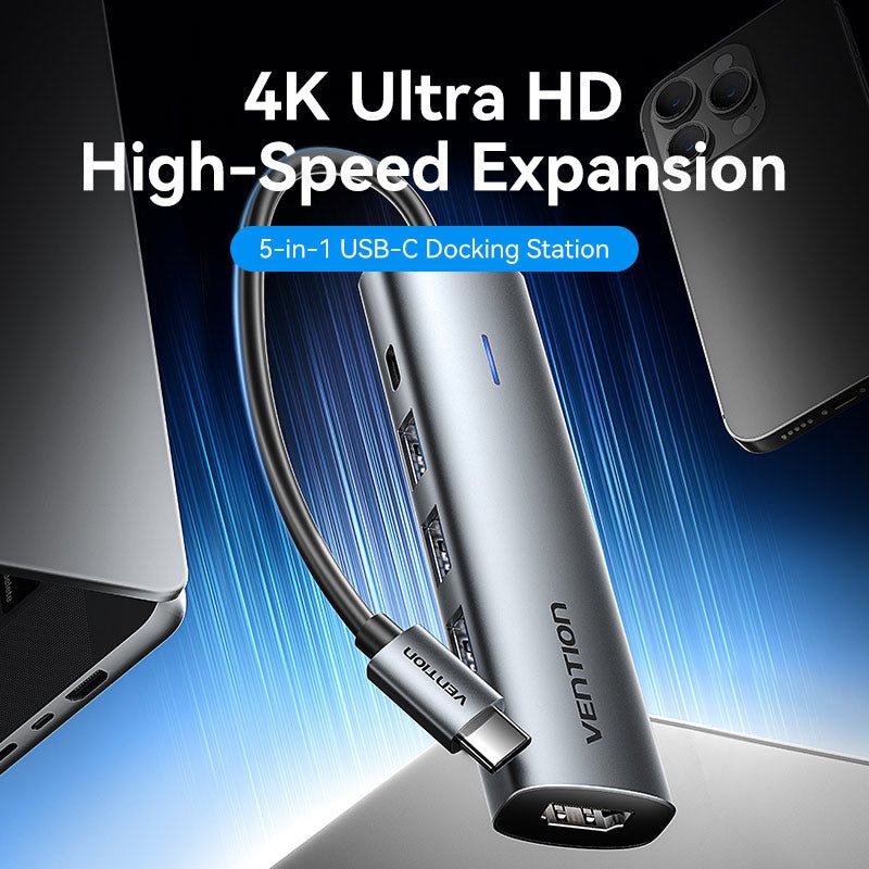 Vention USB-C to HDMI™/USB 3.0*3/PD Docking Station 0.15M Gray Aluminum Alloy Type