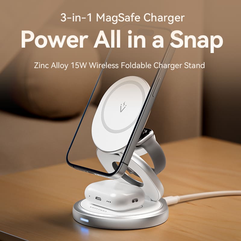 Vention 3-in-1 15W Wireless Charger Stand with MagSafe Silver