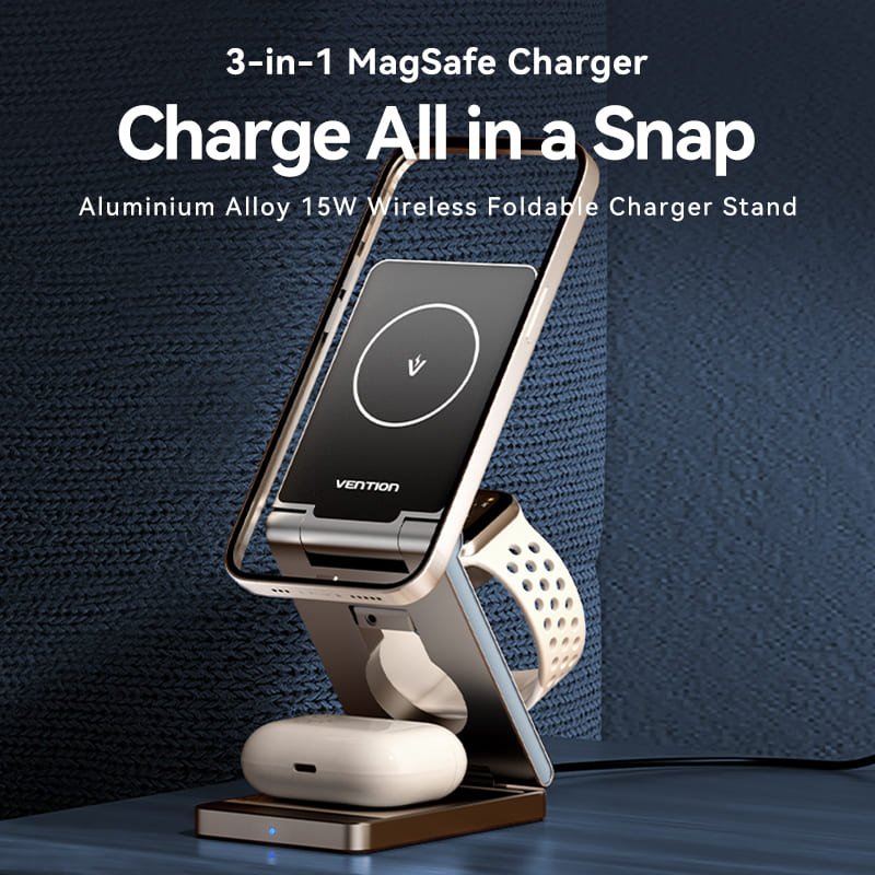 Vention 3‑in‑1 15W Wireless Charger Stand with MagSafe Gray