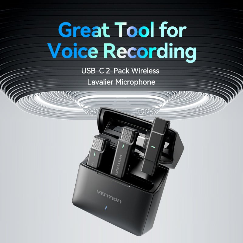 Vention USB-C 2-Pack Wireless Lavalier Microphone with Charging Case Black Type