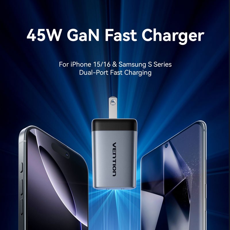 Vention 2-Port USB (C + C) GaN Charger (45W/45W) US-Plug Gray