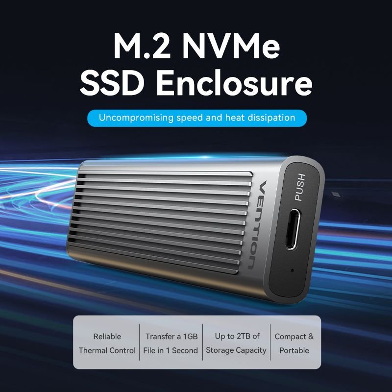 Vention M.2 NVMe SSD Enclosure (USB 3.1 Gen 2-C) with Heat Sink Gray Aluminum Alloy Type