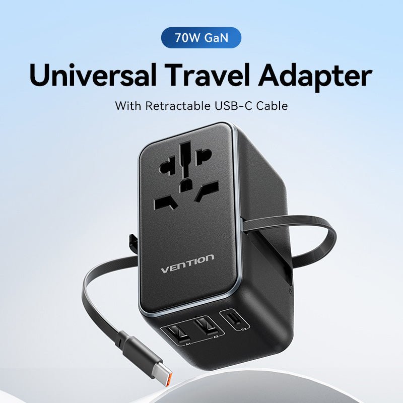 Vention 3-Port USB (C + A + A) GaN Universal Travel Adapter (65W/60W/5W) with Built-in USB-C Cable Black