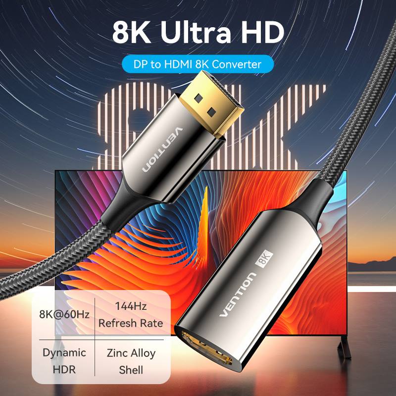 Vention Cotton Braided DP Male to HDMI™ Female 8K Converter 0.25M Black Zinc Alloy Type