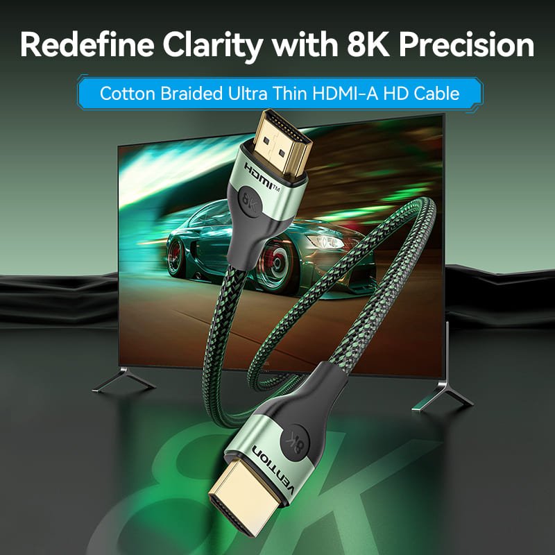 Vention Cotton Braided Ultra Thin HDMI™-A Male to Male HD Cable 8K Green Aluminum Alloy Type