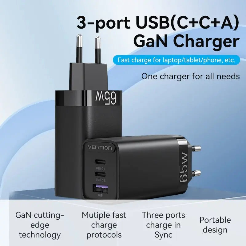 Vention 3-Port USB(C+C+A) GaN Charger(65W/30W/30W) EU-Plug