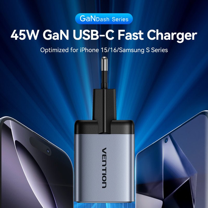 Vention 2-Port USB (C + C) GaN Charger (45W/45W) EU-Plug Gray