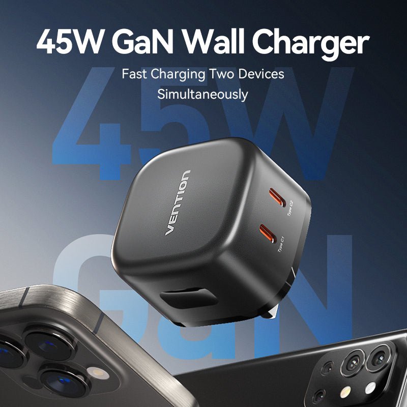 Vention 2-Port USB (C + C) GaN Charger (45W/45W) UK-Plug Black