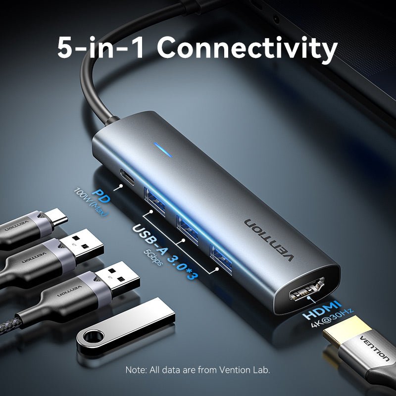 Vention USB-C to HDMI™/USB 3.0*3/PD Docking Station 0.15M Gray Aluminum Alloy Type