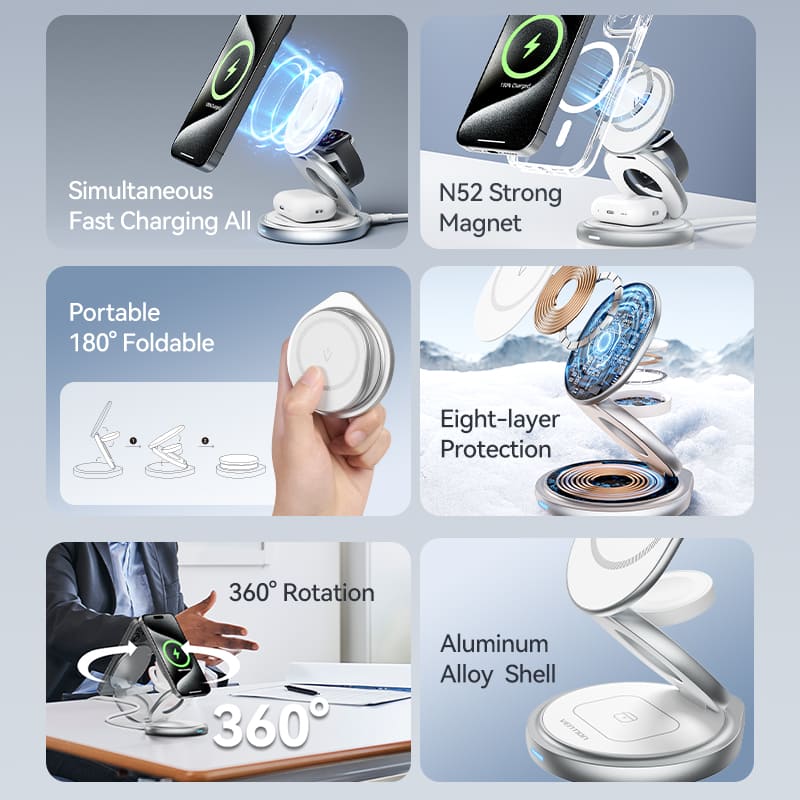 Vention 3-in-1 15W Wireless Charger Stand with MagSafe Silver