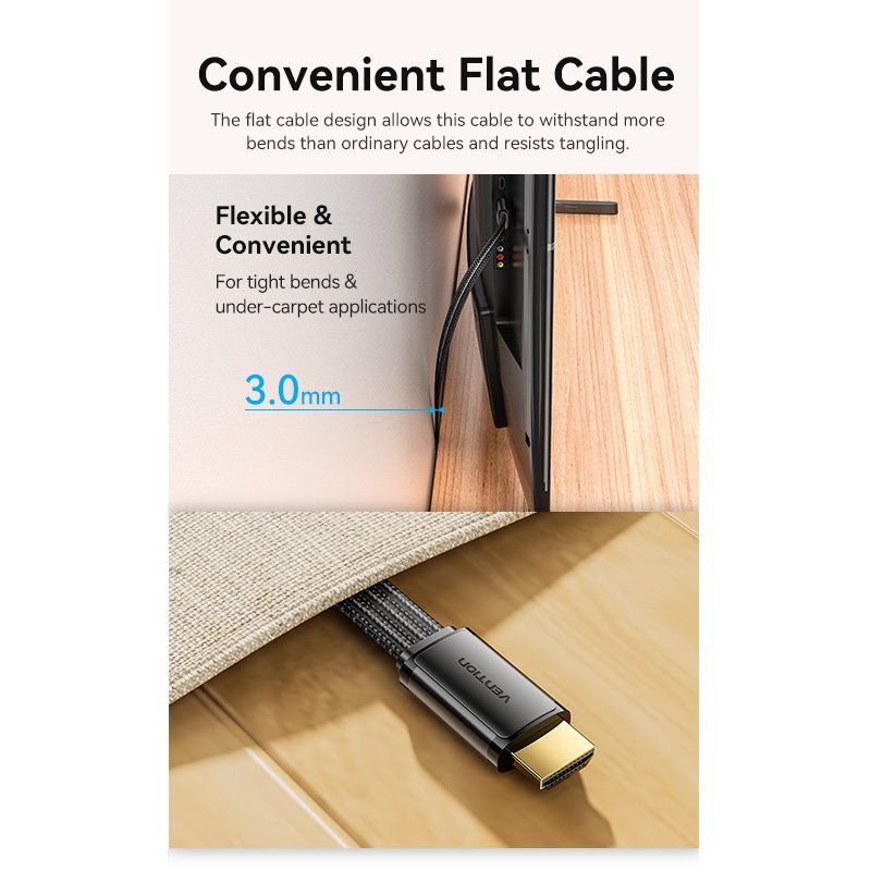 Vention Flat Nylon Braided HDMI™-A Male to Male 8K HD Cable 2M Black